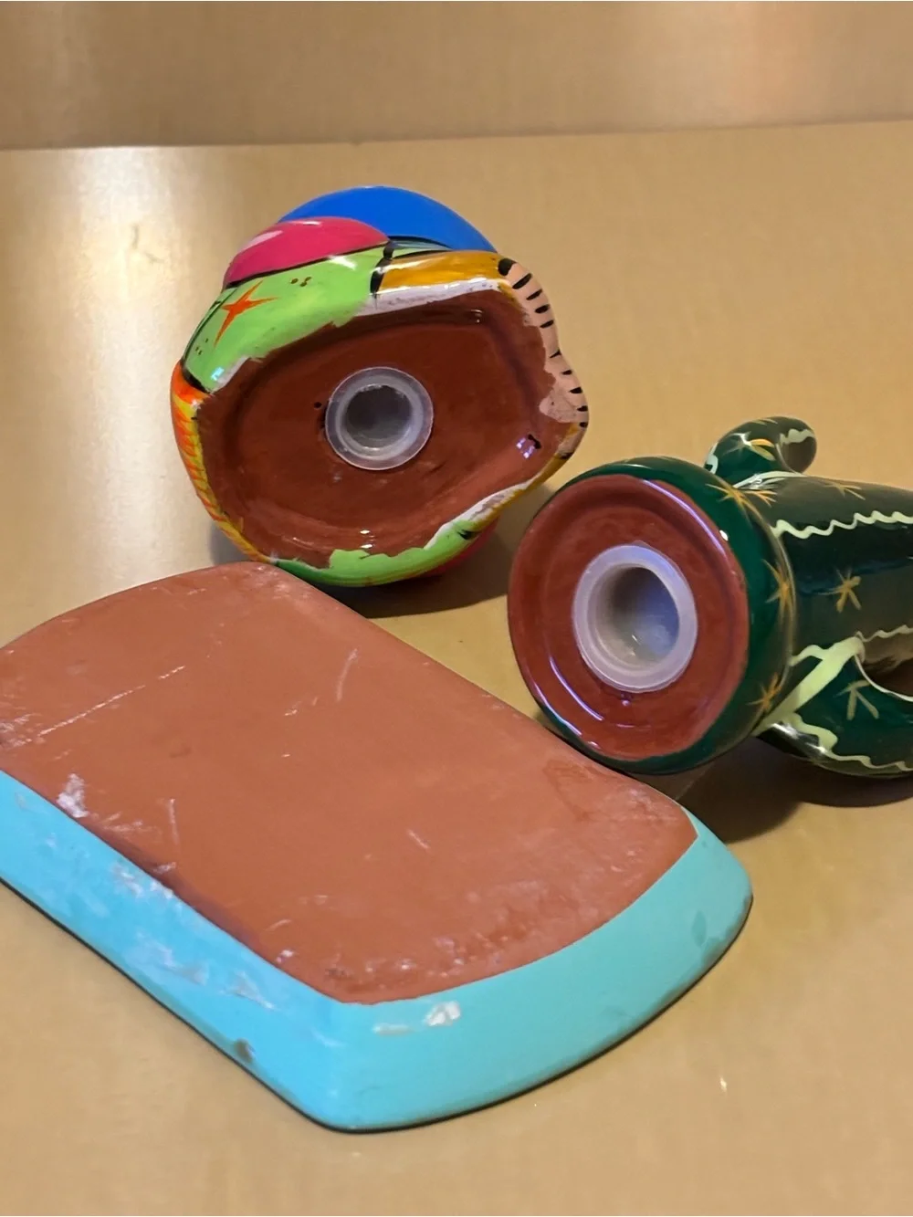 Handpainted Mexican Ceramic Salt & Pepper Shakers with Underplate